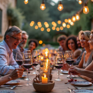 des hommes et des femmes entre 35 et 50 ans, sont dans la cour d'un chateau provencal d'un domaine vinicole.