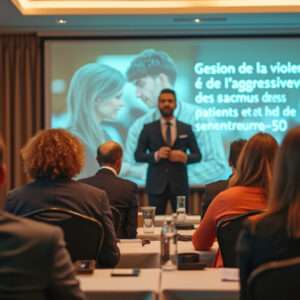 un formateur en psychologie parle devant des hommes et des femmes