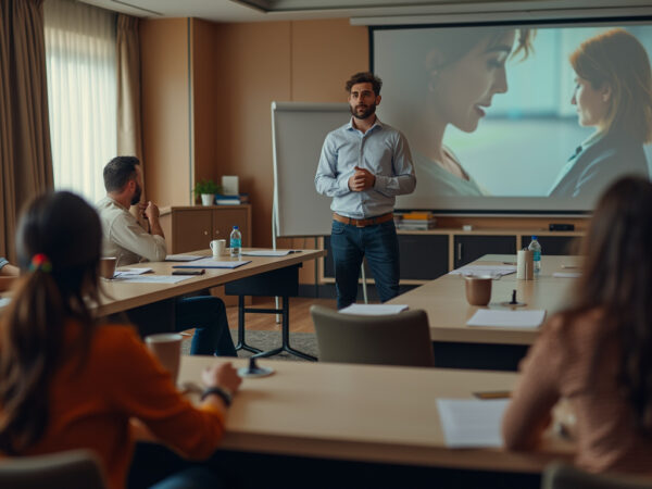 un formateur en psychologie parle devant des hommes et des femmes
